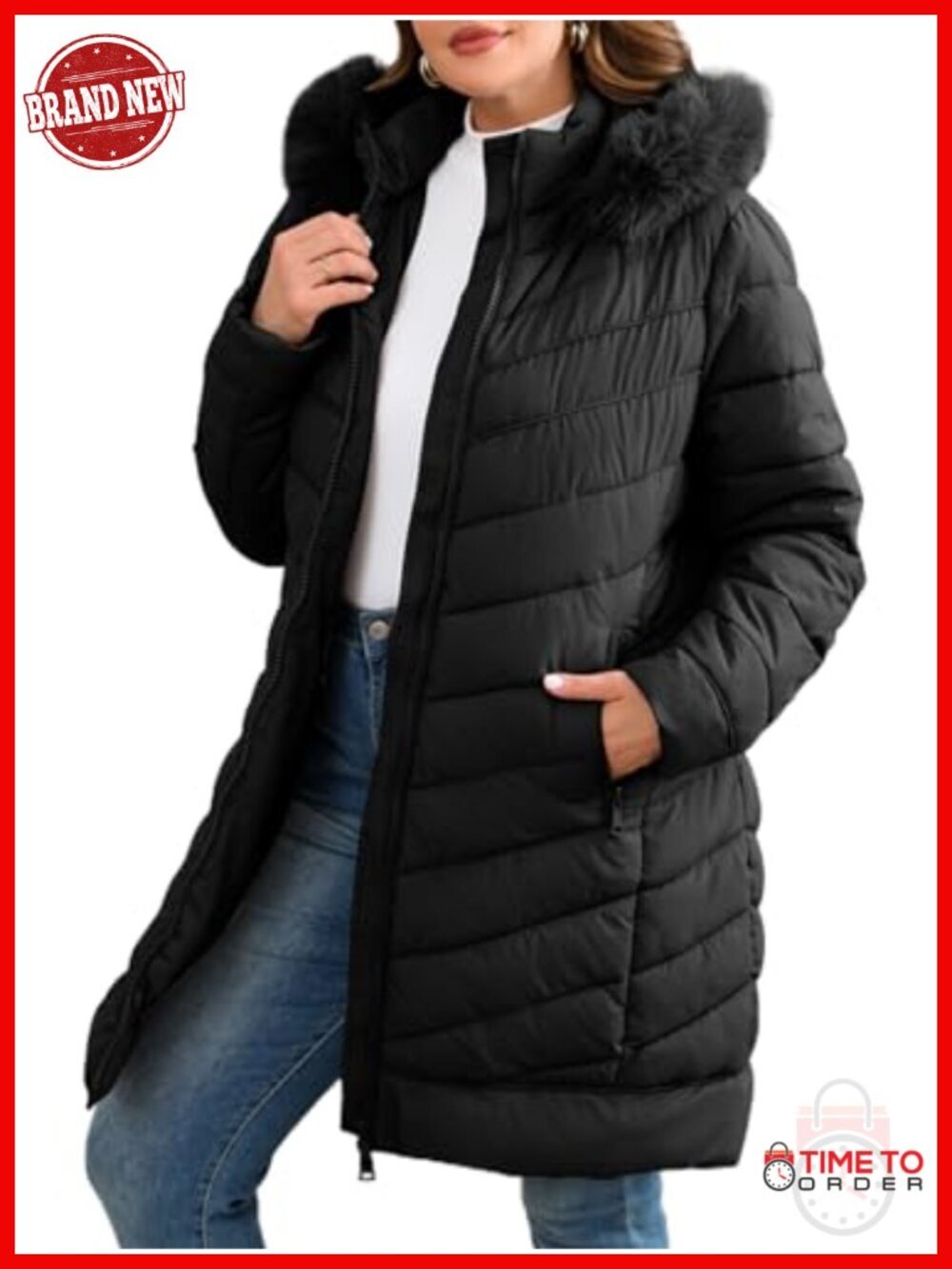 Winter Thickened Quilted Puffer Jacket with Removable Hood and Faux Fur Collar